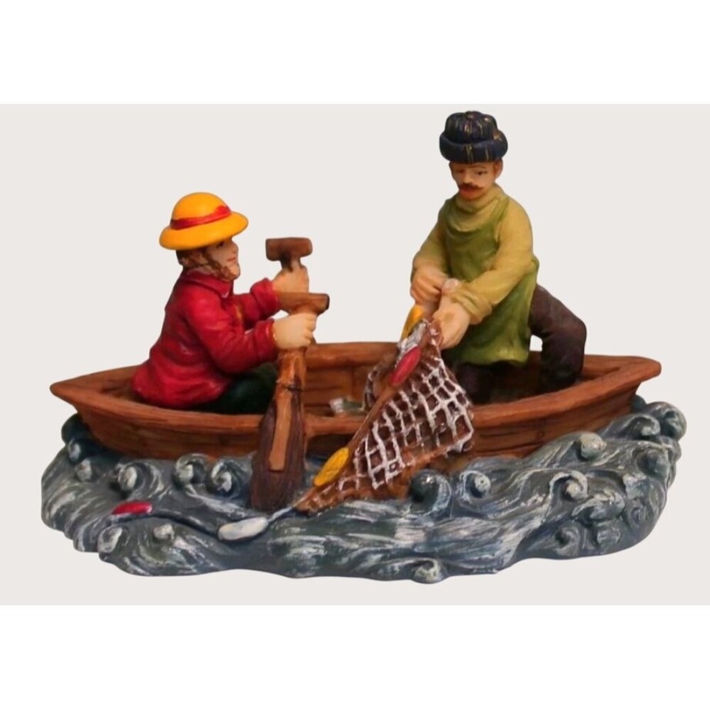 Santas Workbench Fishermen Figurine In Boat On Water Scene